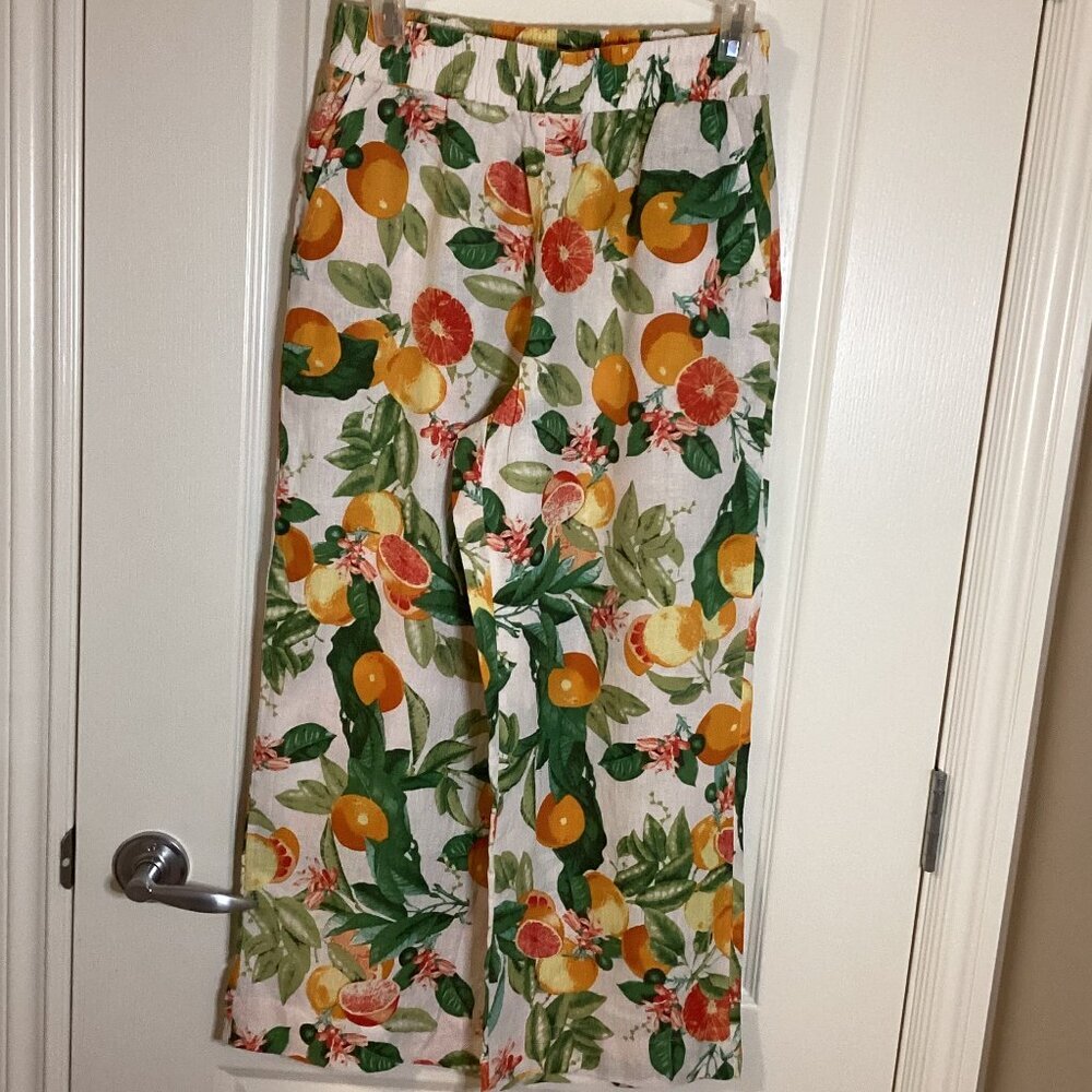 Cynthia Rowley Women's Linen Blend Tropical Citrus Fruit Wide Leg Pants Size S